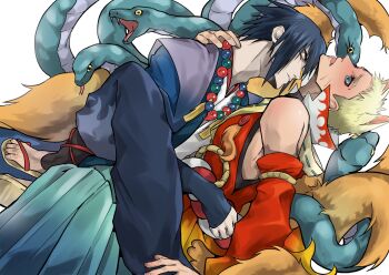 Rule 34 | 2boys, animal ears, arm around neck, bead necklace, beads, black hair, black pants, blonde hair, blue eyes, blush, closed eyes, dal chan, detached sleeves, facial mark, fangs, fox ears, fox tail, hair over one eye, highres, japanese clothes, jewelry, kitsune, kyuubi, male focus, multiple boys, multiple tails, naruto (series), necklace, open mouth, pale skin, pants, parted lips, red shirt, red sleeves, sandals, shirt, short hair, snake, tail, uchiha sasuke, uzumaki naruto, whisker markings, white background, yaoi, yellow eyes