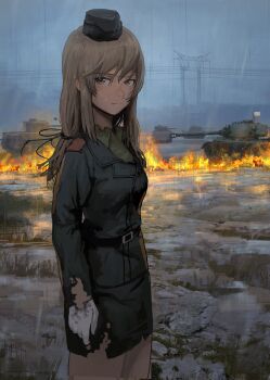 10s 1girl absurdres aged_down bad_id bad_twitter_id battle belt brown_eyes buckle closed_mouth commentary_request female_focus fire flag flag_on_vehicle girls_und_panzer gloves grass grey_sky hair_between_eyes hair_over_one_eye hat highres light_brown_hair long_hair long_sleeves looking_at_viewer military military_hat military_uniform military_vehicle motor_vehicle mud outdoors pencil_skirt rain shimada_chiyo skirt sky solo tank tomiya_(tomiya2117) torn_clothes torn_skirt wet white_flag white_gloves