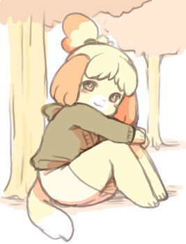 1girl :3 against_tree animal_crossing animal_ears animal_nose barefoot blush body_fur closed_mouth commentary_request dog_ears dog_girl dog_tail feet full_body furry furry_female green_hoodie hand_on_own_knee hood hood_down hoodie isabelle_(animal_crossing) knees_up leaning_forward legs long_sleeves looking_at_viewer nintendo shirokuro_buti simple_background sitting skirt smile solo tail tree white_skirt