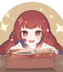 Rule 34 | 1girl, :d, absurdres, box, cape, dagger, facial mark, fire emblem, fire emblem engage, gift, gift box, hair ornament, highres, in container, knife, long hair, netugen33, nintendo, open mouth, red eyes, red hair, smile, solo, sparkle, sparkling eyes, star (symbol), star facial mark, star hair ornament, weapon, yunaka (fire emblem)