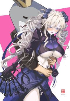 1boy 1girl bikini black_bikini blue_eyes blue_flower blue_rose blush breasts dated drill_hair fate/grand_order fate_(series) flower folding_fan grey_hair hair_flower hair_ornament hand_fan highres hug hug_from_behind kriemhild_(fate) kriemhild_(swimsuit_rider)_(fate) kriemhild_(swimsuit_rider)_(first_ascension)_(fate) large_breasts long_hair pinching rose shark_mask siegfried_(fate) siegfried_(super_cool_biz)_(fate) swimsuit tetsu_no_samurai