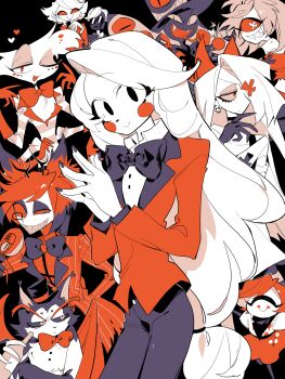 5boys 5girls :d ;d alastor_(hazbin_hotel) angel_dust animal_ears animal_nose antlers arm_behind_back bandana bandana_around_neck bare_shoulders black_background black_bandana black_bow black_bowtie black_choker black_eyes black_eyeshadow black_fur black_gloves black_hair black_hat black_nails black_sclera black_skin blonde_hair bow bowtie brown_eyes brown_eyeshadow brown_shirt buttons cat_boy charlie_morningstar cherri_bomb choker circle_facial_mark closed_mouth coat collared_shirt colored_sclera colored_skin colored_tips commentary_request cowboy_shot cyclops deer_antlers deer_boy deer_ears earrings elbow_gloves extra_arms eyeshadow fangs fewer_digits forked_tongue freckles furry furry_male gloves grin hair_over_one_eye hand_on_own_cheek hand_on_own_face hat hazbin_hotel hellaverse higa423 highres holding holding_staff horns husk_(hazbin_hotel) jacket jewelry katie_killjoy lapels layered_sleeves limited_palette long_hair low-tied_long_hair makeup mini_hat mini_top_hat monocle multicolored_hair multiple_boys multiple_girls nail_polish niffty_(hazbin_hotel) no_pupils notched_lapels one-eyed one_eye_closed open_mouth pinstripe_coat red_bow red_bowtie red_coat red_eyes red_gloves red_hair red_jacket red_sclera red_shirt red_skirt red_wings sharp_teeth shirt simple_background sir_pentious skirt skull_earrings smile staff standing steepled_fingers striped_clothes striped_shirt swept_bangs teeth tom_trench tongue tongue_out top_hat traditional_bowtie two-tone_fur two-tone_hair two-tone_shirt uneven_eyes v-shaped_eyebrows vaggie very_long_hair white_eyes white_fur white_hair white_shirt white_skin wings