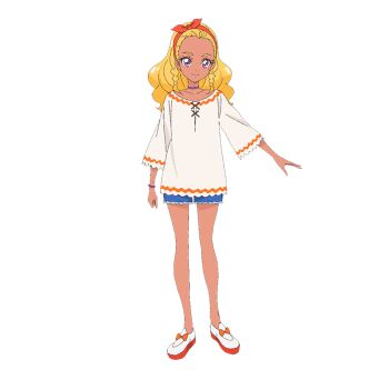1girl amamiya_elena blonde_hair blue_shorts bow choker closed_mouth dark-skinned_female dark_skin denim denim_shorts full_body hairband long_hair looking_at_viewer mole mole_under_eye official_art orange_bow orange_hairband precure purple_eyes second-party_source shirt shoes shorts smile solo standing star_twinkle_precure tachi-e transparent_background white_shirt white_shoes