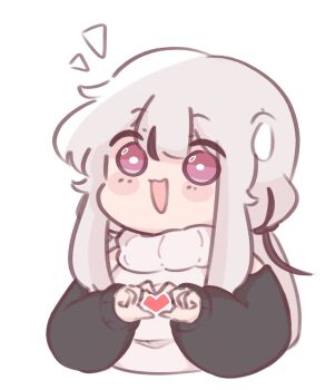 1girl :d artist_self-insert black_hair blush_stickers breasts chonkyorca clothing_cutout commentary english_text grey_hair hands_up heart heart_hands long_hair long_sleeves medium_breasts multicolored_hair notice_lines open_mouth orca_(chonkyorca) original puffy_long_sleeves puffy_sleeves purple_eyes shoulder_cutout simple_background sleeves_past_wrists smile solo streaked_hair sweater turtleneck turtleneck_sweater upper_body white_background white_sweater