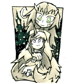 Rule 34 | 2girls, blue eyes, company captain yorshka, dark souls i, dark souls iii, dragon tail, dress, green eyes, horns, moon, multiple girls, priscilla the crossbreed, setz, size difference, tail, tiara, white hair