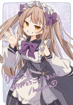 1girl apron armpit_crease artist_name black_dress black_ribbon black_trim blush border bow brown_hair commentary commission cowboy_shot detached_sleeves dot_nose dress frilled_apron frills grin hair_bow hand_up head_tilt headdress highres komerina leaning_forward long_hair long_sleeves looking_at_viewer maid maid_apron maid_headdress open_mouth orange_eyes original puffy_long_sleeves puffy_sleeves purple_background purple_bow ribbon sidelocks signature skeb_commission sleeveless sleeveless_dress smile solo standing teeth translated two_side_up unconventional_maid waist_apron white_apron white_border white_headdress white_sleeves