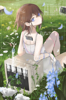 1other against_object alt_text android blue_eyes blurry brown_hair cable commentary crt dappled_sunlight day depth_of_field dress earrings english_commentary english_text flower from_behind grass highres jewelry kicks_(kicks0u) looking_at_viewer looking_back mechabare monitor original outdoors petals plant power_symbol-shaped_pupils short_hair sitting solo sunlight symbol-shaped_pupils vines white_dress