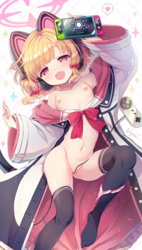 1girl animal_ear_headphones animal_ears artist_name black_thighhighs blonde_hair blue_archive blush bow breasts cat_ear_headphones cat_ears completely_nude controller fake_animal_ears fang full_body game_controller grid_background hair_bow half-closed_eyes halo handheld_game_console headphones heart highres holding holding_handheld_game_console hyouri_nakamoto jacket knee_up loli long_sleeves looking_at_viewer low-tied_sidelocks lying momoi_(blue_archive) multicolored_jacket naked_jacket navel nipples nude on_back open_mouth panties panties_around_leg pink_bow pink_eyes pink_halo pixel_heart pussy pussy_peek short_hair sidelocks small_breasts smile solo sparkle spoken_heart stained_panties thighhighs underwear wide_sleeves