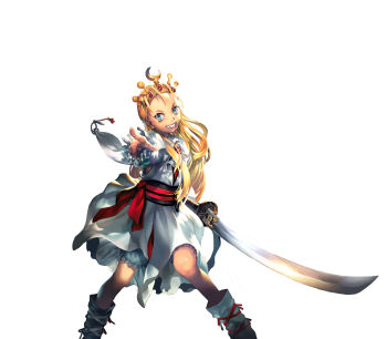 Rule 34 | 1girl, absurdres, adapted costume, armored warriors, blonde hair, bloomers, blue eyes, boots, capcom, crown, cyberbots, devilot de deathsatan ix, dress, female focus, flat chest, forehead, grin, hair slicked back, highres, japanese clothes, juno jeong, long hair, obi, official art, onimusha soul, pointing, pointing forward, sash, smile, solo, sword, underwear, weapon