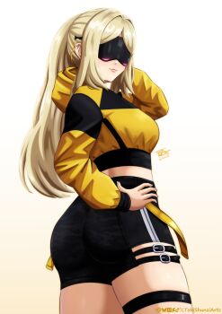 1girl absurdres blindfold_mask blonde_hair breasts commentary covered_eyes english_commentary hair_ornament highres jacket long_hair mask ponytail shorts smile solo tobishunzi trigger_(zenless_zone_zero) zenless_zone_zero