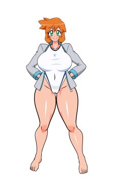 1girl ;d absurdres bare_legs barefoot breasts cameltoe competition_swimsuit covered_navel curvy feet full_body gluteal_fold green_eyes groin hands_on_own_hips hayakawakenn highleg highres huge_breasts jacket large_breasts legs looking_at_viewer misty_(pokemon) navel nintendo one-piece_swimsuit one_eye_closed open_clothes open_jacket open_mouth orange_hair pokemon pokemon_hgss shiny_skin short_hair simple_background smile solo standing swimsuit thick_thighs thighs white_one-piece_swimsuit wide_hips