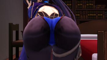 1girl 3d artist_request ass bed bent_over detached_sleeves elbow_gloves embarrassed from_behind genshin_impact gloves green_eyes highres huge_ass jewelry leaning leaning_forward leotard long_hair looking_at_viewer looking_back mona_(genshin_impact) pantyhose purple_hair solo thighlet twintails very_long_hair