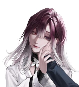 1girl 1other absurdres asymmetrical_bangs bandaged_arm bandaged_neck bandages bei_lin black_bandages chief_(path_to_nowhere) chinese_commentary collarbone commentary dress_shirt gradient_hair hair_between_eyes hair_intakes hand_on_another&#039;s_face head_tilt heterochromia highres holding_another&#039;s_wrist looking_at_viewer mismatched_pupils multicolored_hair neck_flower path_to_nowhere pov pov_hands purple_eyes purple_hair red_eyes red_lips shalom_(path_to_nowhere) shirt simple_background smile solo_focus symbol-shaped_pupils triangle-shaped_pupils white_background white_hair white_shirt