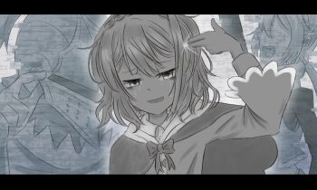 1boy 2girls aldebaran_(re:zero) blonde_hair commentary_request crying crying_with_eyes_open distortion faceless faceless_female felt_(re:zero) finger_gun finger_gun_to_head hand_to_head helm helmet horror_(theme) knight laughing looking_at_viewer multiple_girls petra_leyte ptsd re:zero_kara_hajimeru_isekai_seikatsu ribbon scarf short_hair surreal tears time_paradox traumatized turkmenianeowl