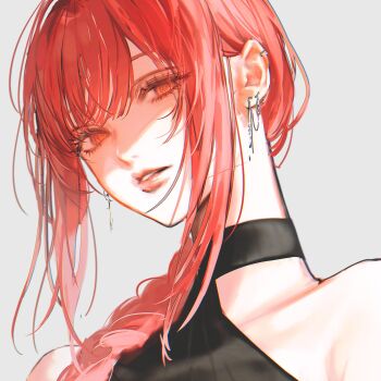 1girl @_@ black_dress braid braided_ponytail chainsaw_man collarbone dress earrings from_below hair_between_eyes half-closed_eyes head_tilt highres inuo_(inuo_x) jewelry lipstick looking_ahead looking_to_the_side makeup makima_(chainsaw_man) parted_lips portrait red_hair red_lips ringed_eyes simple_background solo white_background yellow_eyes