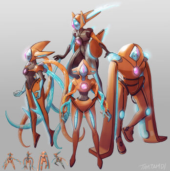 4girls absurdres blue_skin bodysuit colored_skin deoxys deoxys_(attack) deoxys_(defense) deoxys_(normal) deoxys_(speed) floating full_body gen_3_pokemon glowing gradient_background grey_background highres multiple_girls mythical_pokemon nintendo personification pokemon pokemon_(creature) reference_inset signature tamtamdi