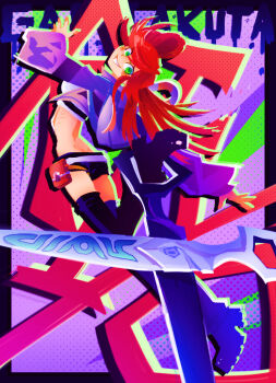 1girl ass black_boots boots commentary copyright_name english_commentary gachiakuta green_eyes jacket long_hair looking_at_viewer looking_back midriff mooseymi oversized_object pouch purple_jacket red_hair riyo_reaper scissors smile solo thigh_boots thigh_pouch