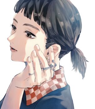 1girl black_hair blue_shirt brown_eyes checkered_clothes commentary contrast_collar earrings fingernails from_side funado_erena gold_earrings gori_39 hair_tie hand_on_own_face hand_up highres jewelry last_mile looking_ahead medium_hair multiple_rings parted_lips ponytail portrait ring shirt short_bangs short_ponytail simple_background solo white_background