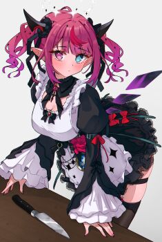 1girl apron black_skirt black_thighhighs blue_eyes blunt_bangs brooch chest_bow commentary crinoline crystal_wings detached_wings double_halo drill_hair english_commentary frilled_apron frilled_sleeves frills hair_ribbon halo heterochromia highres hololive hololive_english horns irys_(hololive) irys_(maid)_(hololive) jewelry juliet_sleeves kitchen_knife knife lace-trimmed_collar lace_trim leaning_forward long_sleeves looking_at_viewer magui3 maid maid_apron multicolored_hair nail_polish official_alternate_costume official_alternate_hairstyle pink_nails pointy_ears puffy_sleeves purple_eyes purple_hair red_hair ribbon shirt short_hair simple_background skirt solo star_(symbol) star_halo star_in_eye streaked_hair symbol_in_eye thigh_strap thighhighs twin_drills twintails virtual_youtuber white_apron white_background white_shirt wide_sleeves wings