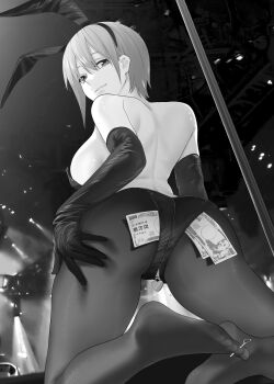 1girl animal_ears ass black_gloves black_leotard breasts cleavage crotch_zipper elbow_gloves fake_animal_ears feet gloves go-toubun_no_hanayome greyscale highres kosmos_beta large_breasts leotard looking_at_viewer looking_back money monochrome nakano_ichika pantyhose playboy_bunny rabbit_ears short_hair sideboob smile yen zipper_pull_tab