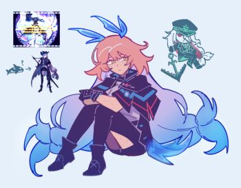 Rule 34 | 2girls, arknights, black capelet, black gloves, black pants, blind obsession (e.g.o), blue hair, blue ribbon, capelet, chayre5792, closed mouth, clothing cutout, commentary, cosplay, e.g.o (project moon), english commentary, freckles, gloves, gradient hair, green eyes, hair ribbon, ishmael (project moon), knees up, limbus company, long hair, low-tied long hair, multicolored hair, multiple girls, orange hair, pants, project moon, red eyes, ribbon, simple background, sitting, skadi (arknights), skadi (arknights) (cosplay), thigh cutout, tidal elegy (e.g.o), very long hair, weapon, white background