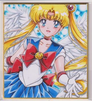 1girl :d angel_wings back_bow bishoujo_senshi_sailor_moon blonde_hair blue_background blue_eyes blue_sailor_collar blue_skirt blush bow bowtie chikoto_(kztc4472) choker collarbone commentary cowboy_shot crescent crescent_earrings double_bun earrings elbow_gloves feathered_wings gloves hair_bun highres jewelry long_hair looking_at_viewer magical_girl open_mouth parted_bangs pleated_skirt red_bow red_bowtie red_choker sailor_collar sailor_moon sailor_senshi_uniform shikishi shirt skirt sleeveless sleeveless_shirt smile solo traditional_media tsukino_usagi twintails white_gloves white_shirt white_wings wings