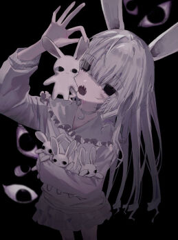 1girl animal_ears black_background black_eyes commentary cowboy_shot eyes_in_shadow frilled_shirt_collar frills hand_up hayu_(hayu0305) holding long_hair long_sleeves miniskirt open_mouth original rabbit rabbit_ears rabbit_girl sharp_teeth shirt skirt standing teeth white_hair white_shirt