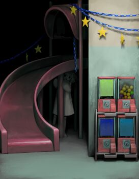1girl black_eyes dress gashapon highres indoors looking_at_viewer original slide solo standing uni_no white_dress