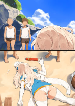 1girl 2boys ass barefoot beach blonde_hair breast_press breasts cloud corpse covered_erect_nipples day feet from_above groin hand_up hat highres hyouchakubutsu_to_itazura irotenya large_breasts legs long_hair lying mini_hat multiple_boys no_eyes on_stomach original outdoors panties pectorals sand sequential shell shota sky spread_legs standing thighs toes tree underwear white_panties