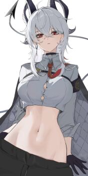 1girl absurdres armband bags_under_eyes black_armband black_choker black_gloves black_horns black_jacket black_pants black_tail button_gap chest_harness choker closed_mouth clothes_pull collared_shirt commentary cowboy_shot crop_top curled_horns demon_tail earrings gloves hair_between_eyes harness highres horns jacket jacket_on_shoulders jewelry key_earrings long_hair looking_at_viewer mole mole_under_eye multicolored_hair navel necktie pants pants_pull red_eyes red_necktie shirt solo stomach streaked_hair tail tumugi_sunohara white_shirt wuthering_waves zani_(wuthering_waves)