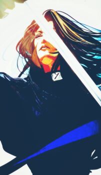 1girl arm_up black_coat black_eyes black_hair black_shirt coat crack_of_light facing_viewer genderswap genderswap_(mtf) high_collar highres holding holding_sword holding_weapon horaceswarcsal long_hair official_alternate_costume omniscient_reader&#039;s_viewpoint one_eye_covered serious shirt solo sword upper_body weapon yoo_joonghyuk