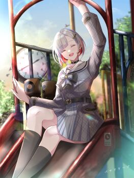 1girl analog_clock birdcage_(love_live!) black_bow black_bowtie black_choker black_socks blue_sky bow bowtie choker clock collarbone colored_inner_hair commentary_request dress facing_viewer grey_dress grey_hair hair_ornament hairclip highres kneehighs link!_like!_love_live! long_sleeves love_live! multicolored_hair o-ring o-ring_choker official_alternate_costume outdoors plaid_clothes plaid_dress playground pleated_dress red_hair sailor_collar sailor_dress sakari_(pear_8_ll) short_dress short_hair sky slide socks star_(symbol) star_hair_ornament streaked_hair virtual_youtuber white_sailor_collar yugiri_tsuzuri