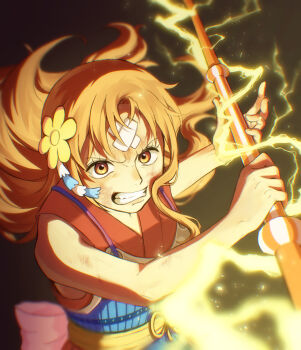 1girl 2025 armor back_bow bandaid bandaid_on_face bandaid_on_forehead bare_arms black_background bow bruise bruise_on_face clenched_teeth clima-tact commentary electricity english_commentary fighting_stance floating_hair flower hair_flower hair_ornament highres holding holding_staff injury japanese_armor japanese_clothes kimono lightning long_hair looking_at_viewer mixed-language_commentary nami_(one_piece) nami_(one_piece)_(onigashima) one_piece orange_eyes orange_hair pink_bow red_kimono serious single_sidelock sleeveless sleeveless_kimono solo staff teeth tsunotaro14_k upper_body wavy_hair
