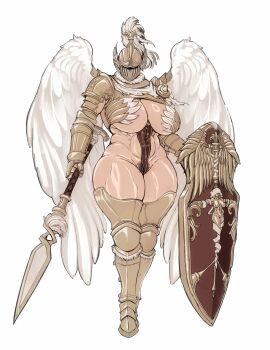 1girl absurdres angel_wings armor breasts cleavage covered_face curvy female_pubic_hair full_body gauntlets greaves helmet highres holding holding_polearm holding_shield holding_weapon huge_breasts leg_armor little_sun muscular muscular_female polearm pubic_hair shield shoulder_armor spear standing tabard the_elder_scrolls thick_thighs thighs weapon white_background wide_hips wings
