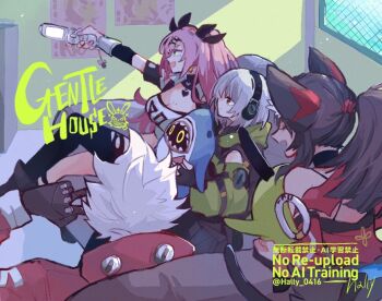 1boy 2others 3girls amillion_(zenless_zone_zero) anby_demara animal_ear_fluff animal_ears bangboo_(zenless_zone_zero) bare_shoulders billy_kid black_gloves black_ribbon black_shorts black_skirt breasts brown_hair cable cable_tail cat_ears cat_girl cat_tail cellphone closed_eyes closed_mouth clothing_cutout commentary_request corset couch crop_top cutoffs cyborg earrings english_text fingerless_gloves flip_phone from_behind from_side gloves green_jacket grey_hair hair_ornament hair_ribbon hairband hairclip hally headphones heart heart_earrings heart_necklace humanoid_robot indoors jacket jewelry large_breasts long_hair mechanical_arms mechanical_tail micro_shorts mole mole_on_breast mole_under_eye multicolored_sleeves multiple_girls multiple_others multiple_tails necklace nekomiya_mana nicole_demara on_couch open_mouth orange_eyes phone pink_hair poster_(object) red_corset red_hairband red_jacket red_sleeves ribbon robot robot_boy shadow sharkboo_(zenless_zone_zero) shorts shoulder_cutout single_thighhigh skirt sleeveless sleeveless_jacket strapless tail thighhighs torn_clothes torn_thighhighs tube_top twintails twitter_username two_side_up two_tails v white_hair white_tube_top window zenless_zone_zero