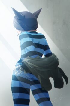 1boy ass beanie belt belt_buckle black_belt black_hat black_jacket black_pants black_shirt blue_pants blue_shirt blush_stickers brown_hair buckle cigarette commentary_request cowboy_shot danganronpa_(series) danganronpa_v3:_killing_harmony day fake_horns hat horned_headwear horns hoshi_ryoma indoors jacket jacket_partially_removed leather leather_jacket light_particles light_rays long_sleeves male_focus mouth_hold open_belt pants prison_clothes r&#039;l_(arul-erur-plant-403) shirt short_hair shoulder_blades solo standing striped_clothes striped_pants striped_shirt sun tight_clothes two-tone_pants two-tone_shirt undressing