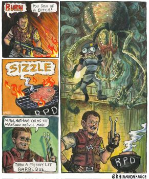 1boy 1girl artist_name barry_burton beard_stubble beret black_gloves blue_hat blue_shirt brown_hair commentary cooking english_commentary facial_hair fingerless_gloves flamethrower food gloves grill grilling hat highres jill_valentine meat plant plant_42 plant_monster resident_evil resident_evil_1 rhiannon_kagoe shirt speech_bubble stubble vines weapon