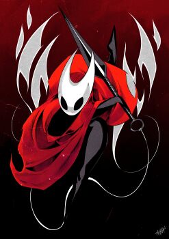 Rule 34 | 1girl, absurdres, arthropod girl, black skin, cloak, colored skin, commentary, dynamic pose, english commentary, full body, gradient background, highres, holding, holding weapon, hollow eyes, hollow knight, horned mask, hornet (hollow knight), looking at viewer, mask, needle (hollow knight), red background, red cloak, solo, st41nn, weapon, white mask