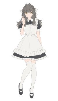 1girl absurdres apron black_dress bow breasts brown_eyes closed_mouth dress full_body grey_hair hair_bow highres long_hair looking_at_viewer maid maid_apron medium_breasts original revision shoes short_sleeves simple_background smile solo thighhighs unasaka_ryou white_apron white_background white_bow white_thighhighs