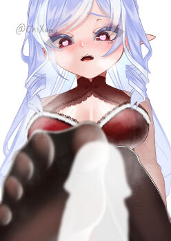 1girl absurdres blush censored chixamo feet footjob heart heart-shaped_pupils highres long_hair open_mouth pantyhose penis pointy_ears red_eyes soles steam symbol-shaped_pupils toes vivian_banshee zenless_zone_zero
