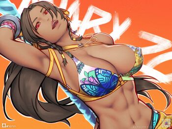 1girl abs animal_print armpits breasts butterfly_print character_name commentary dark-skinned_female dark_skin floral_print long_hair miary_zo open_mouth orihalchon qr_code red_eyes solo tekken tekken_8 watermark web_address