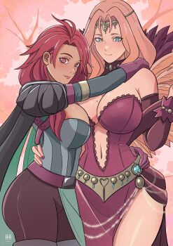 Rule 34 | 2girls, arm around another's waist, arm on another's shoulder, armor, bare shoulders, blue eyes, blush, breasts, brown pants, cape, circlet, cleavage, closed mouth, commentary, commission, cornelia arnim, dark-skinned female, dark skin, dress, english commentary, feather trim, feathers, fire emblem, fire emblem: three houses, fire emblem warriors: three hopes, gloves, gorget, green eyes, grey shirt, hapi (fire emblem), highres, ihsnet, jewelry, large breasts, long hair, long sleeves, looking at viewer, mature female, mole, mole above mouth, mole on breast, multiple girls, navel, nintendo, official alternate costume, pants, pink hair, plunging neckline, purple gloves, red eyes, red hair, shirt, shoulder armor, smile