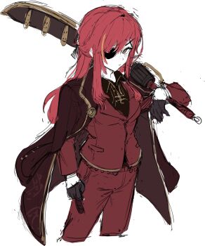 Rule 34 | 1girl, black gloves, brown shirt, coat, coat on shoulders, collared shirt, commentary, cosplay, cowboy shot, gloves, gold trim, gunblade, highres, jacket, kim nyangpeon, lei heng (project moon), lei heng (project moon) (cosplay), limbus company, long hair, looking at viewer, over shoulder, pants, pink coat, pink hair, pink jacket, pink pants, project moon, shirt, sidelocks, simple background, solo, sword, sword over shoulder, symbol-only commentary, weapon, weapon over shoulder, white background, yuri (project moon)