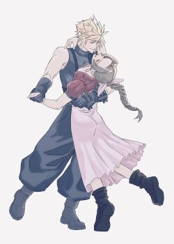 1boy 1girl aerith_gainsborough arm_around_neck baggy_pants bandaged_arm bandages black_boots black_gloves blonde_hair blue_pants blue_shirt boots braid braided_ponytail breasts brown_hair cal_2025 choker cleavage closed_mouth cloud_strife commentary_request couple cropped_jacket dancing dress final_fantasy final_fantasy_vii final_fantasy_vii_remake full_body gloves grey_background hair_between_eyes hair_ribbon hetero highres holding_hands jacket long_dress long_hair medium_breasts open_mouth pants parted_bangs pink_dress pink_ribbon red_jacket ribbon ribbon_choker shirt short_hair short_sleeves sidelocks simple_background single_bare_shoulder single_braid sleeveless sleeveless_turtleneck smile spiked_hair suspenders turtleneck
