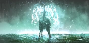 Rule 34 | absurdres, animal, antlers, asaki (asaki vision), cave, elden ring, fog, glowing, glowing horns, highres, horns, light particles, monster, plant, reflection, reflective liquid, regal ancestor spirit (elden ring), stalactite, standing, wide shot