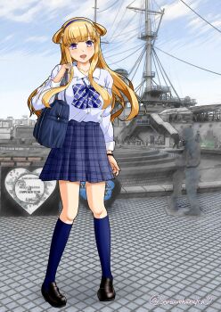 1girl absurdres alternate_costume bag battleship blonde_hair blue_bow blue_bowtie blue_hairband blue_skirt blue_socks bow bowtie brick_floor collared_shirt commentary_request double_bun dress_shirt fletcher_(kancolle) folded_hair full_body hair_bun hairband highres imperial_japanese_navy kantai_collection long_hair long_sleeves looking_at_viewer mikasa_(battleship) military_vehicle open_mouth outdoors plaid_bow plaid_bowtie plaid_clothes plaid_skirt pleated_skirt purple_eyes real_world_location school_bag ship shirt skirt smile socks sorairo_haruka twitter_username warship watercraft white_shirt