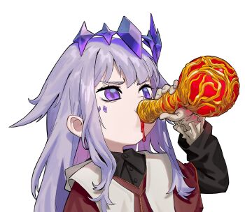 1girl agemmata astrologer_(elden_ring) black_shirt bottle commentary drinking elden_ring english_commentary gloves grey_hair highres holding holding_bottle hololive hololive_english katyusha_chug_(meme) koseki_bijou long_hair long_sleeves meme multicolored_hair pink_hair potion purple_eyes shirt simple_background solo tarnished_(elden_ring) two-tone_hair upper_body virtual_youtuber white_background white_gloves