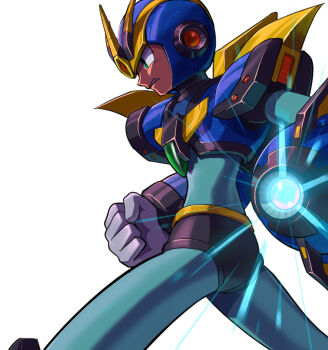 1boy android arm_cannon armor blue_armor blue_bodysuit blue_helmet bodysuit clenched_hand commentary cowboy_shot english_commentary forehead_jewel from_side gloves glowing green_eyes helmet hoshi_mikan male_focus mega_man_(series) mega_man_x5 mega_man_x_(series) parted_lips robot_ears serious shoulder_armor simple_background solo ultimate_armor_x_(mega_man) weapon white_background white_gloves x_(mega_man)