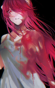 1girl absurdres black_background blood blood_on_clothes blood_on_face commentary dress elfen_lied hagioshi hair_over_one_eye highres horns long_hair looking_at_viewer lucy_(elfen_lied) parted_lips red_eyes red_hair solo upper_body very_long_hair white_dress