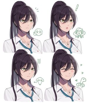 1girl black_hair blush breasts cleavage closed_mouth collared_shirt commentary_request dog_tags dress_shirt green_necktie hair_between_eyes high_ponytail idolmaster idolmaster_shiny_colors large_breasts long_hair loose_necktie multiple_views necktie open_mouth ponytail randompeeps shirase_sakuya shirt sidelocks smile white_background white_shirt yellow_eyes